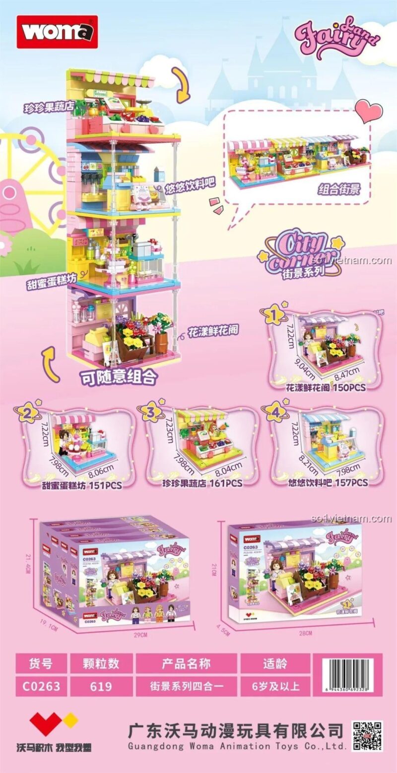 Bố cục các mô hình trong bộ WOMA C0263 Fairy City Corner Series 4-in-1 Building Blocks, bao gồm cửa hàng hoa, tiệm bánh ngọt, quán cà phê, tiệm đồ uống và các minifigure.