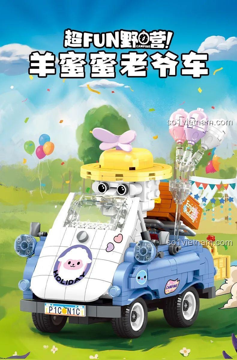Mô hình xe cổ WOMA C0297 Siêu FUN Dã ngoại: Xe Cổ Cừu Mật sau khi lắp ráp, có nhân vật cừu đội mũ