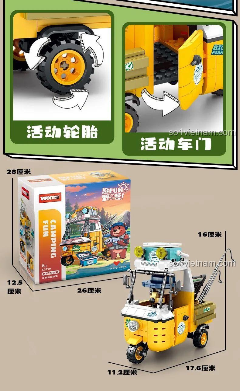 Kích thước hộp và mô hình xe ba bánh Gấu Nâu WOMA C0299, bộ đồ chơi lắp ráp 667 mảnh, đồ chơi giáo dục STEM cho bé 6 tuổi