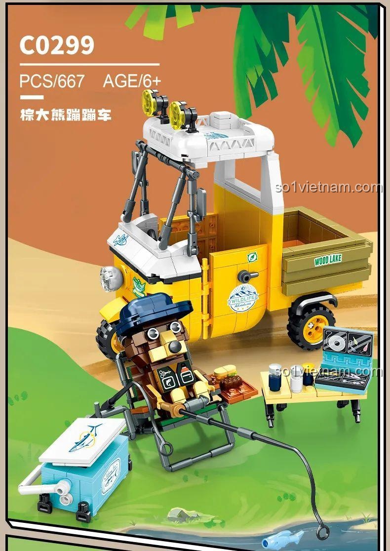 Mô hình xe cắm trại Gấu Nâu WOMA C0299, bộ lắp ghép 667 mảnh, đồ chơi giáo dục, phát triển kỹ năng cho bé trai 6 tuổi