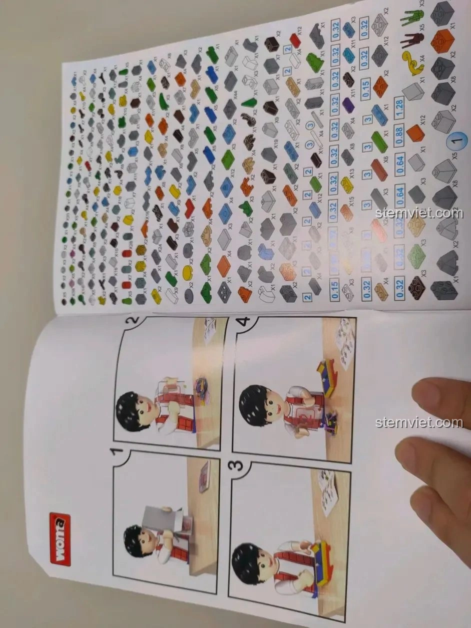 Trang hướng dẫn lắp ráp bộ WOMA C0348 Đình Phượng Sơ hiển thị danh sách các mảnh ghép và số lượng, cùng các bước minh họa.