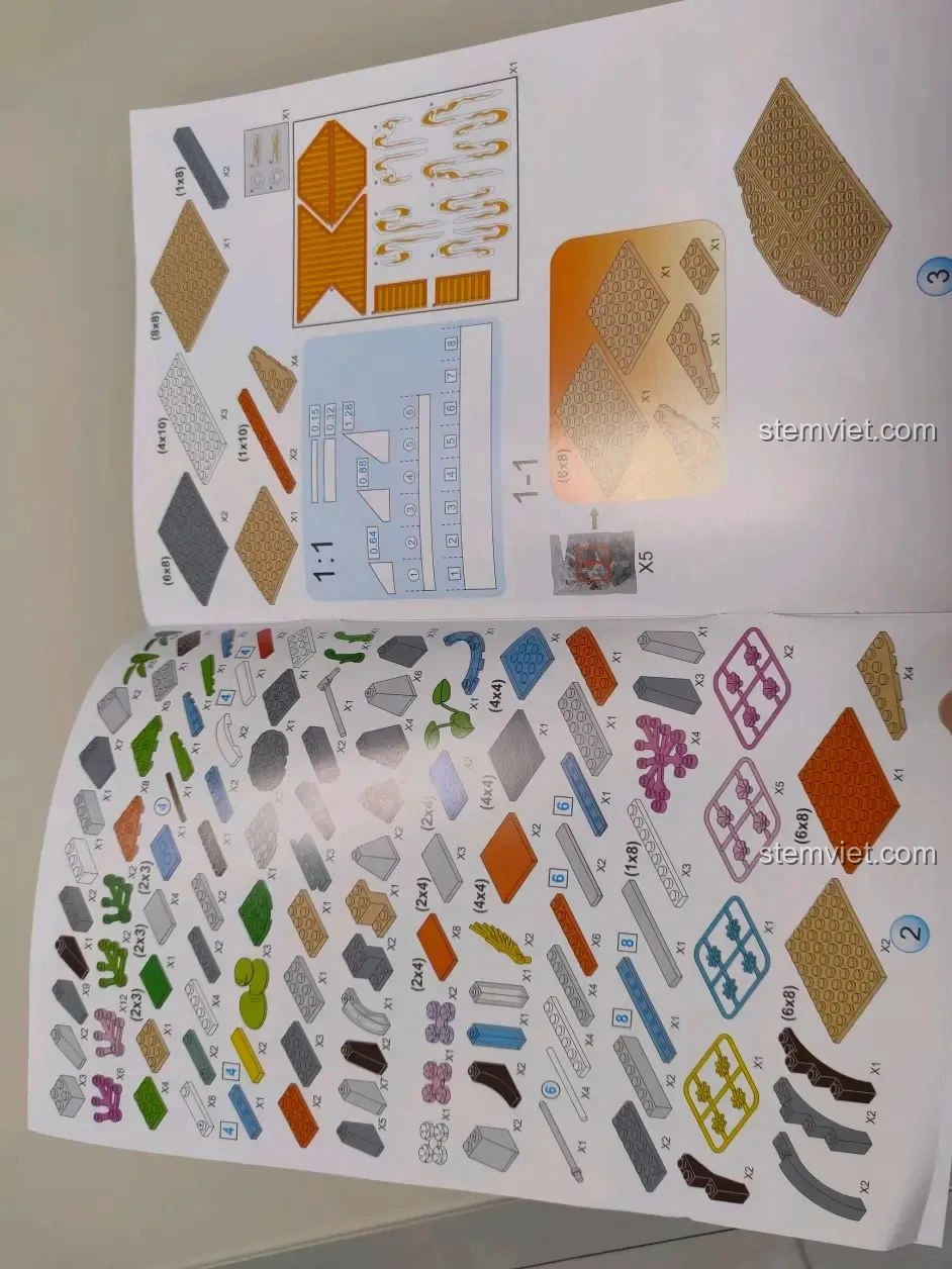 Trang hướng dẫn lắp ráp bộ WOMA C0348 Đình Phượng Sơ với các bước minh họa rõ ràng và hình ảnh chi tiết các mảnh ghép.