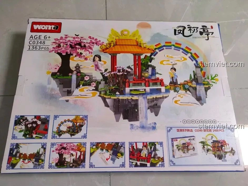 Mặt sau hộp bộ lắp ghép WOMA C0348 Đình Phượng Sơ hiển thị các góc nhìn khác của mô hình và thông tin sản phẩm.