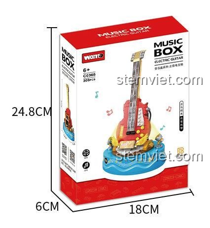 Hộp sản phẩm đồ chơi mô hình WOMA C0365 Hộp nhạc đàn guitar điện, hiển thị kích thước 24.8x18x6cm.