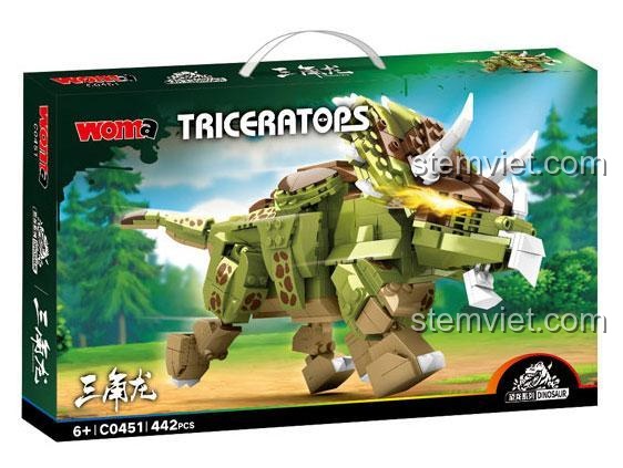 Hộp sản phẩm bộ xếp hình WOMA 0451 mô hình khủng long ba sừng Triceratops, quà tặng sáng tạo cho bé trai.