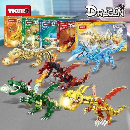 Bộ sưu tập 5 mẫu đồ chơi mô hình Thần Long Ngũ Hành WOMA, bao gồm Kim Long C0453, cho bé trai 6 tuổi.