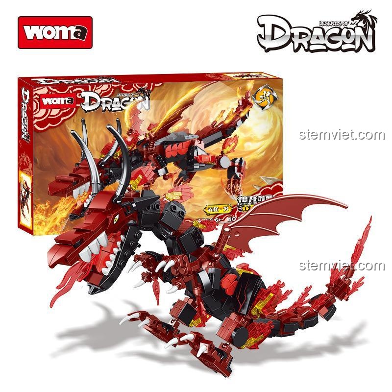 Bộ lắp ráp Rồng Lửa WOMA C0457 và hộp sản phẩm, món quà sinh nhật ý nghĩa cho bé trai.
