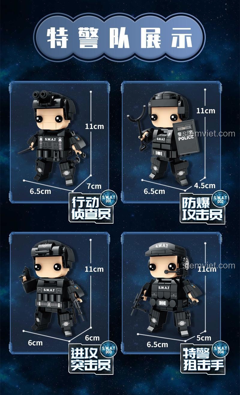 Chi tiết từng lính Đặc Nhiệm Chống Bạo Động WOMA C0596, đồ chơi mô hình 0596 với các khớp cử động linh hoạt, phát triển tư duy cho bé trai 6 tuổi.