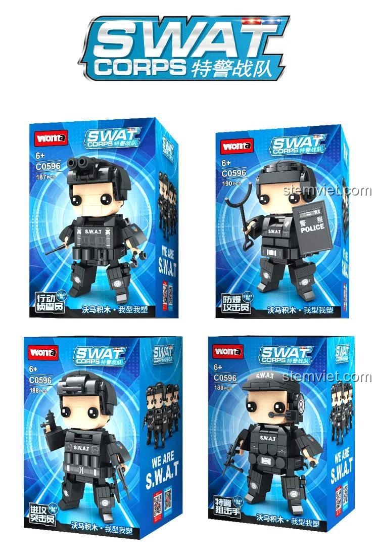 Hộp đồ chơi lắp ráp Lính Đặc Nhiệm SWAT WOMA C0596, bộ xếp hình Đặc Nhiệm Chống Bạo Động cho bé trai 6 tuổi, giá tiết kiệm.