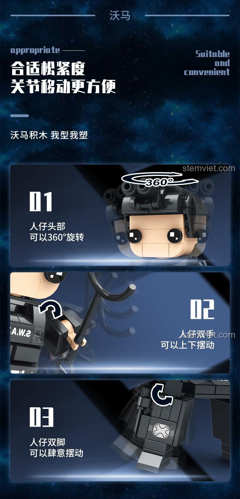 Khớp cử động linh hoạt của đồ chơi mô hình Lính Đặc Nhiệm SWAT WOMA C0596, bộ lắp ghép WOMA giúp bé trai 6 tuổi rèn luyện khéo léo.