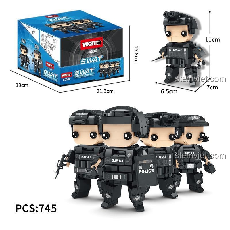 Kích thước mô hình Đội Đặc Nhiệm SWAT WOMA C0596, đồ chơi mô hình Lính Đặc Nhiệm SWAT với 745 mảnh ghép, phù hợp bé trai 6 tuổi.