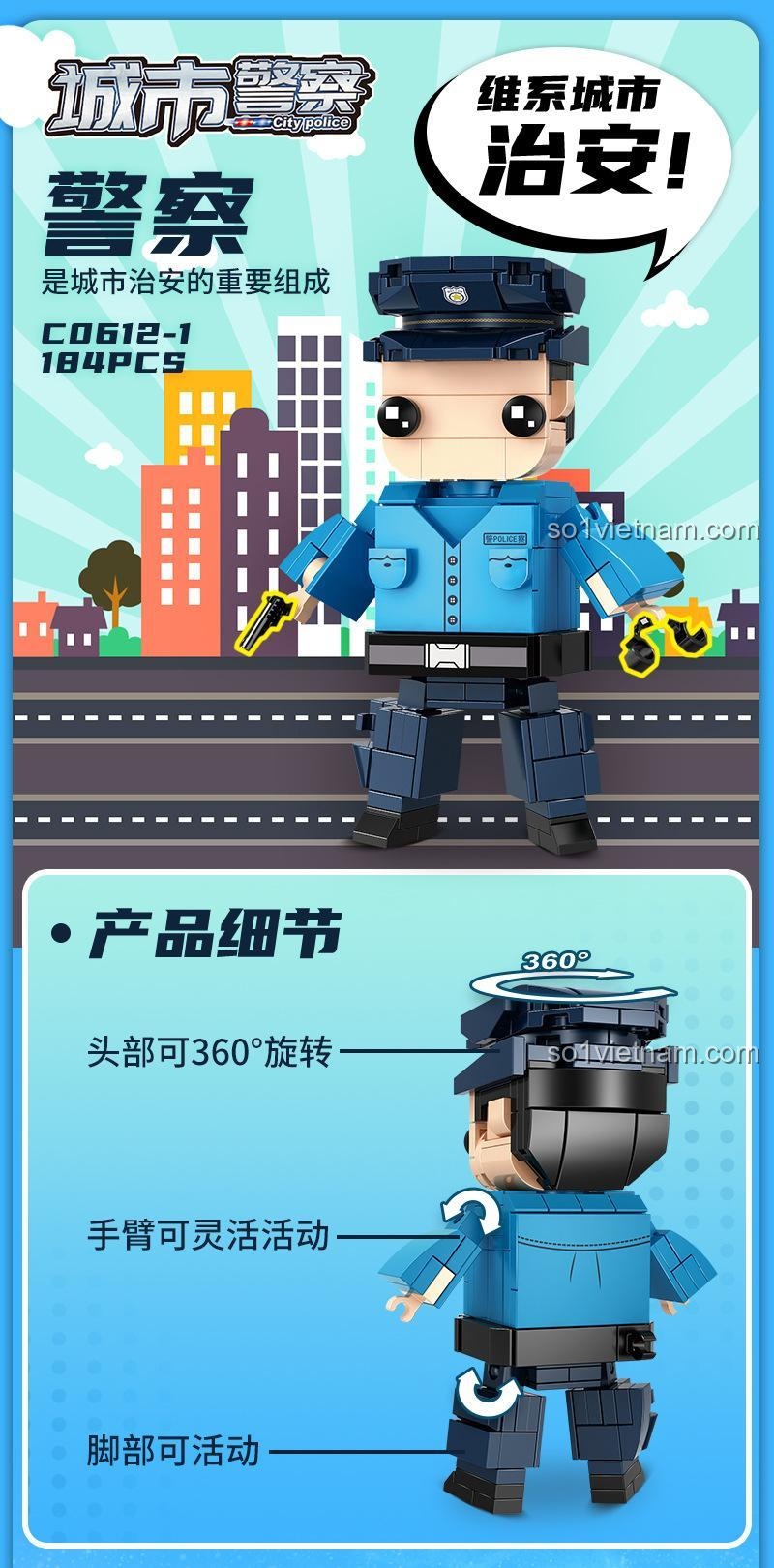 Bộ lắp ghép WOMA C0612-1 cảnh sát nam, 184 mảnh, đầu xoay 360 độ, tay chân linh hoạt, phát triển tư duy cho bé trai 6 tuổi