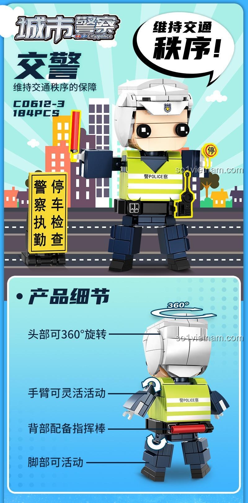 Kích thước mô hình cảnh sát nữ WOMA C0612-2, cao 11.2cm, rộng 4.8cm, dài 7.3cm, bộ lắp ghép cho bé 6 tuổi