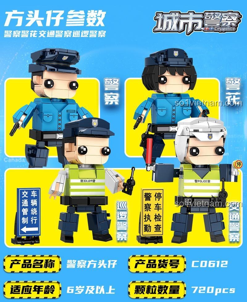 Đồ chơi lắp ráp WOMA C0612 Đội cảnh sát, minifigure cảnh sát giao thông, cảnh sát tuần tra, 720 chi tiết, cho bé 6 tuổi