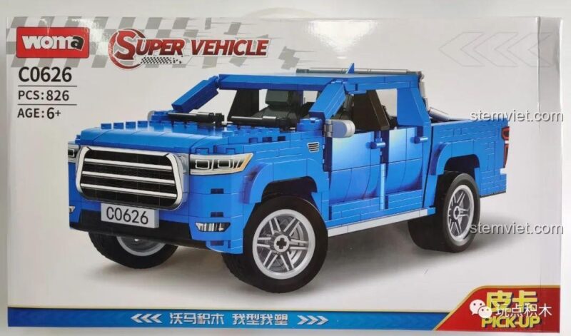 Hộp sản phẩm bộ xếp hình Xe bán tải màu xanh WOMA C0626, thiết kế bắt mắt, phù hợp làm quà tặng.