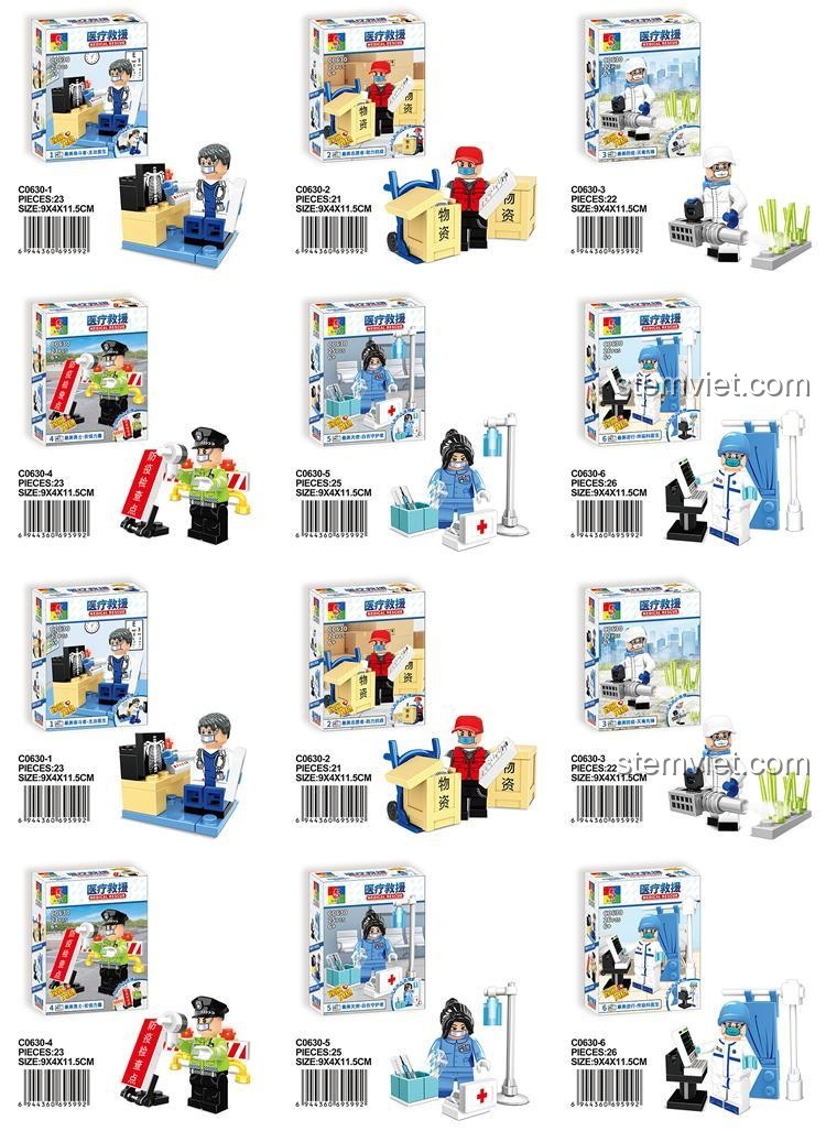 Các bộ lắp ghép WOMA C0630 riêng lẻ, mỗi bộ là một minifigure y tế với phụ kiện, phù hợp cho trẻ em 6 tuổi.