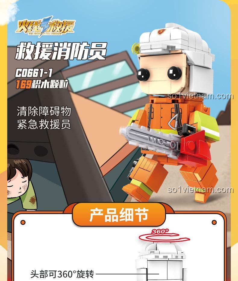 Chi tiết C0661 Lính cứu hỏa cứu hộ WOMA C0661-1, 169 mảnh ghép, đầu xoay 360 độ, tay chân linh hoạt, thiết bị cầm tay, phù hợp bé trai 6 tuổi, giá tốt.