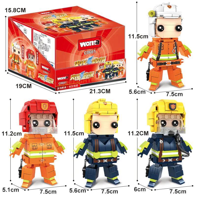 Hộp sản phẩm bộ đồ chơi Lính cứu hỏa WOMA C0661 với 4 minifigures, kích thước hộp 21.3x19x15.8 CM, phù hợp bé trai 6 tuổi, giá tốt.