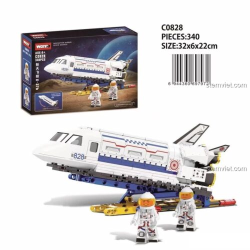 Hộp sản phẩm bộ xếp hình WOMA C0828 Tàu vũ trụ X-37B với 340 mảnh ghép, thông tin kích thước và độ tuổi khuyến nghị.