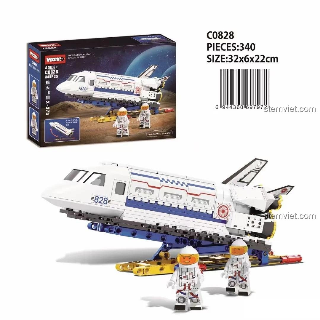 Hộp sản phẩm bộ xếp hình WOMA C0828 Tàu vũ trụ X-37B với 340 mảnh ghép, thông tin kích thước và độ tuổi khuyến nghị.