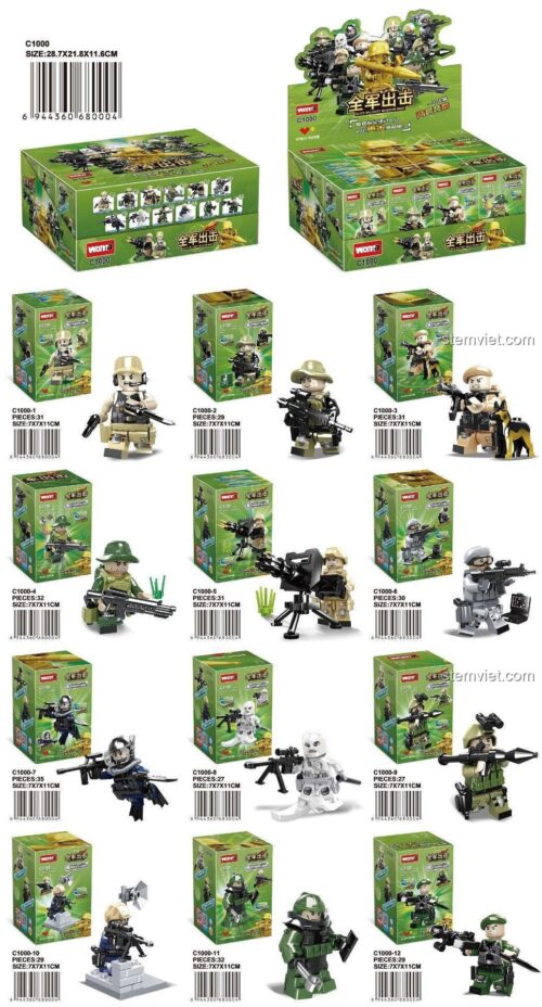 Chi tiết các minifigure lính WOMA C1000, bộ lắp ghép lính với nhiều trang bị, mang đến trải nghiệm đồ chơi lắp ghép thú vị cho bé trai.