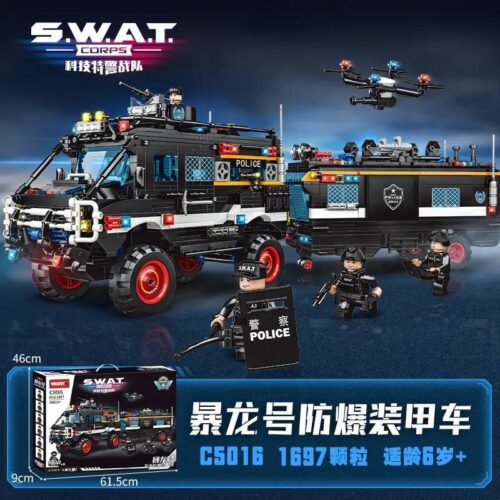 Bộ lắp ghép WOMA Xe Bọc Thép Chống Bạo Động Khủng Long Bạo Chúa SWAT có Drone trinh sát, 3 minifigures đặc nhiệm, đèn LED sống động, giá tốt cho bé trai 6 tuổi.
