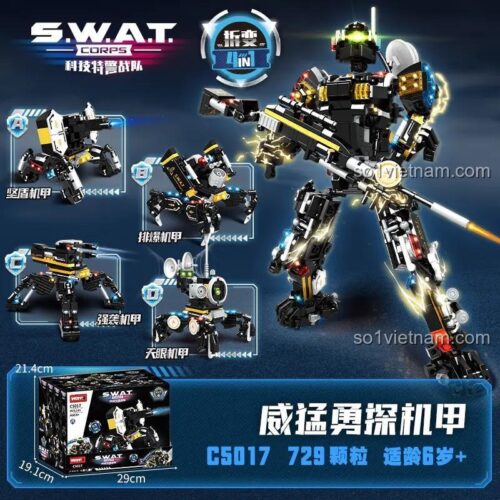 Các mẫu robot của đồ chơi mô hình Mecha Cảnh Sát Đặc Nhiệm Woma C5017, 729 chi tiết, quà cho con trai 6 tuổi.