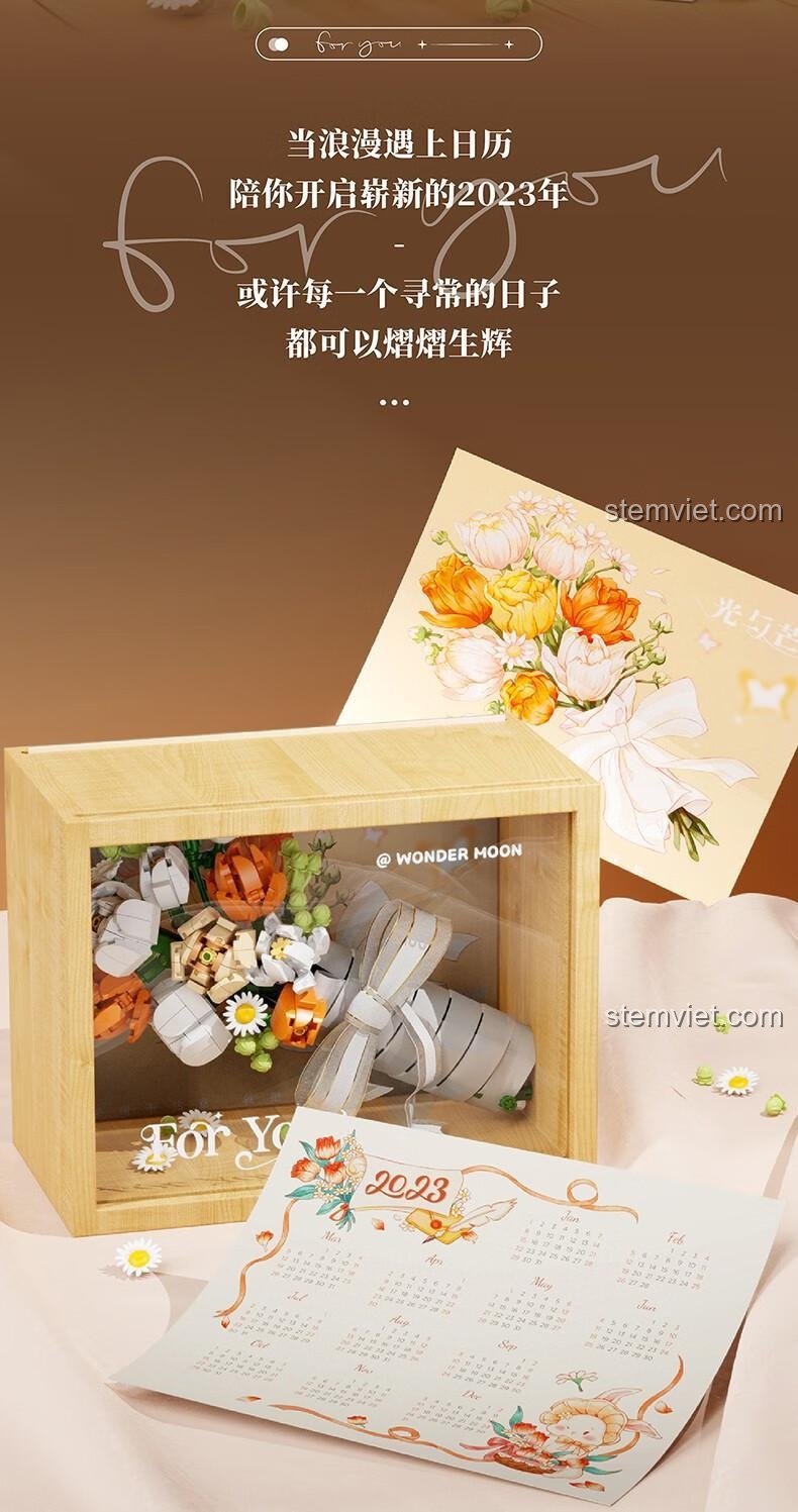 Mô hình hoa hồng lắp ráp Wonder Moon 804203 Ôn Nhu Vĩnh Cửu cùng lịch 2023, món quà ý nghĩa cho mọi ngày.