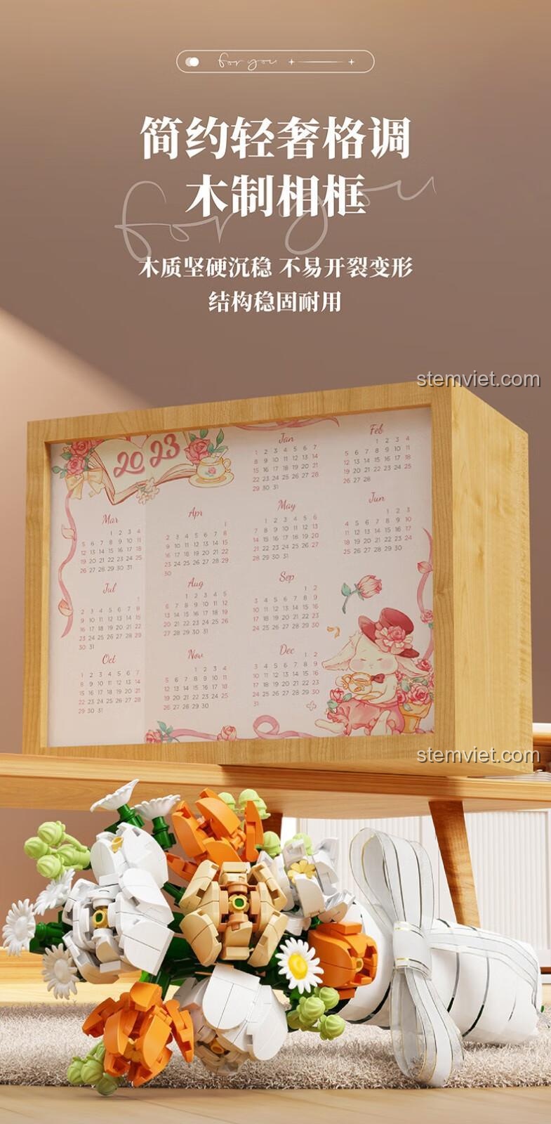 Khung gỗ bền đẹp cho bộ lắp ghép Wonder Moon 804203 Hoa Hồng Ôn Nhu Vĩnh Cửu, cấu trúc ổn định, không biến dạng.