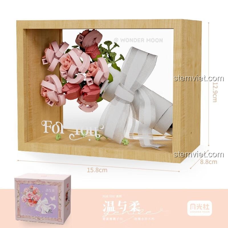 Kích thước mô hình hoa hồng lắp ráp Wonder Moon 804203 Ôn Nhu Vĩnh Cửu, dài 15.8cm, rộng 8.8cm, cao 12.9cm.