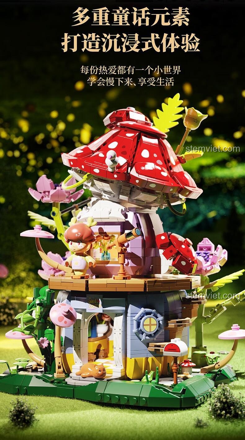 Lâu Đài Nấm Wonder Moon 805002, bộ lắp ghép Ngôi Nhà Nấm Thần Tiên với nhân vật và mèo đáng yêu, đồ chơi giải trí cho con gái 14 tuổi.
