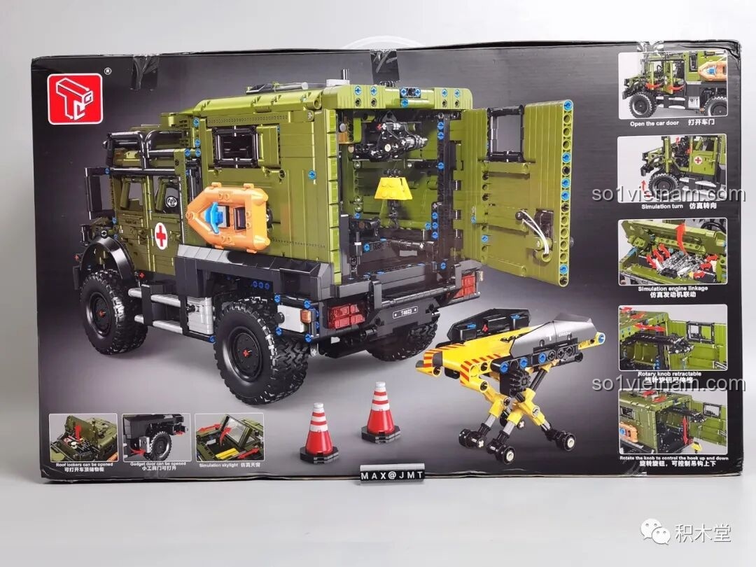 Mặt sau hộp sản phẩm Xe Cứu Hộ Unimog T4023 Taigaole