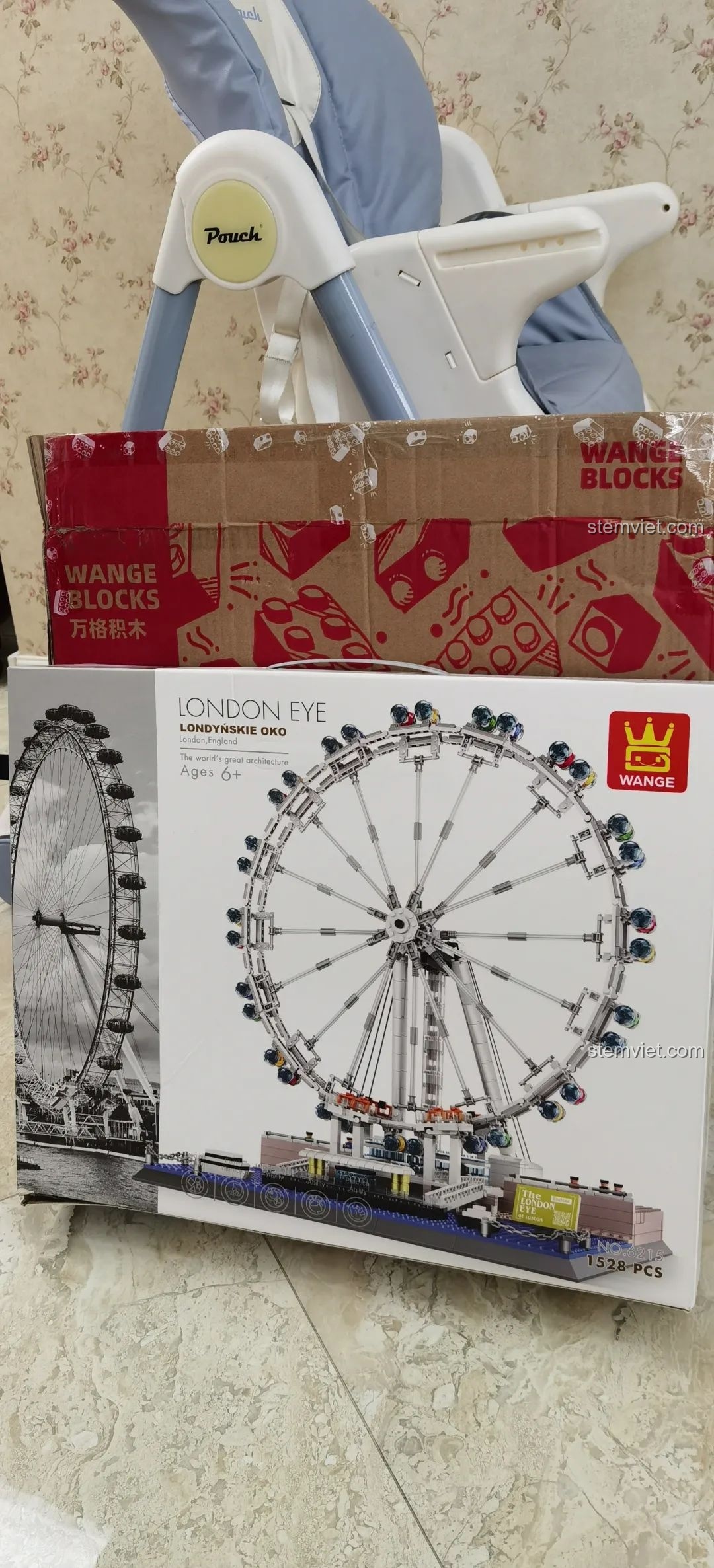 Hộp sản phẩm chính của bộ xếp hình London Eye WANGE 6215, với hình ảnh vòng quay và thông tin cơ bản.