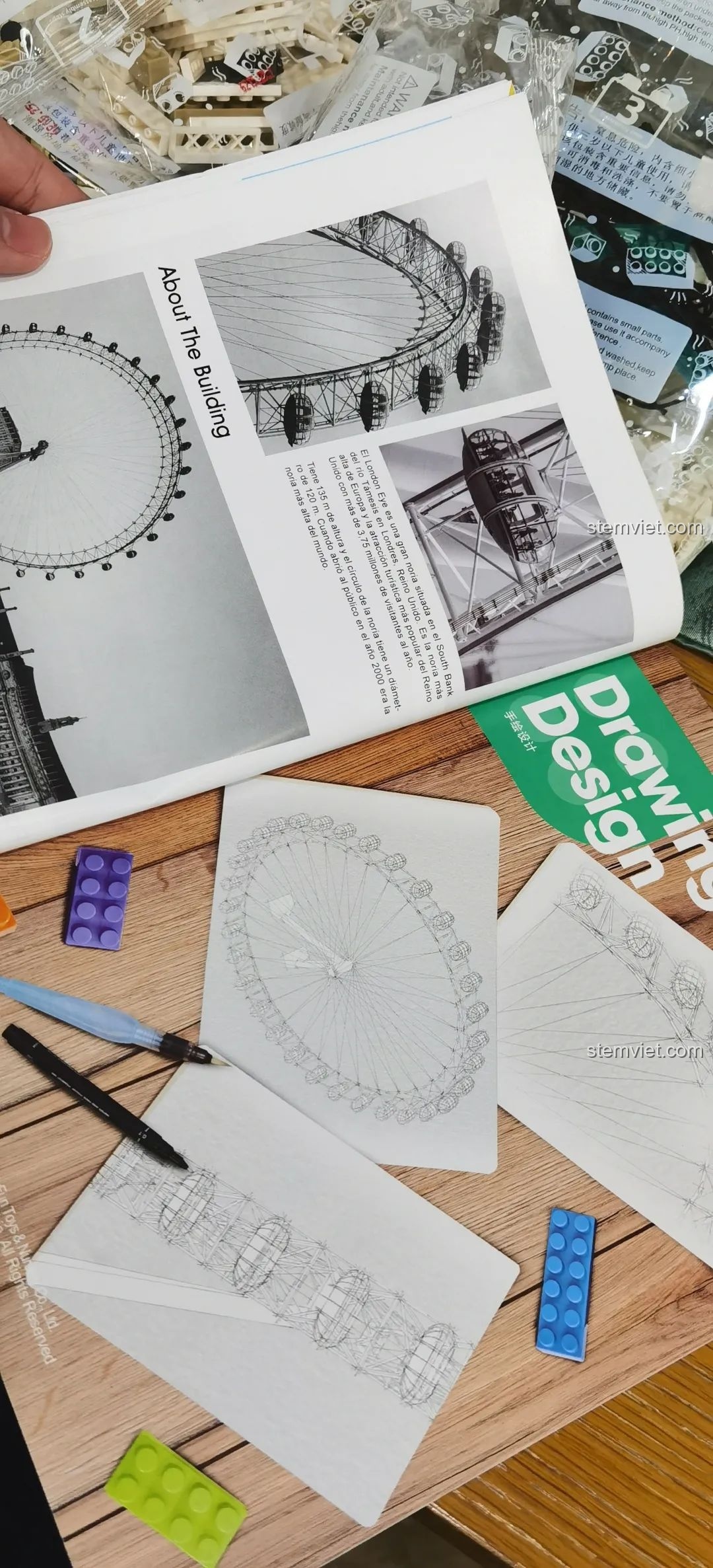 Trang đầu tiên của phần hướng dẫn lắp ráp bộ xếp hình London Eye WANGE 6215, với các bước cơ bản và số lượng mảnh ghép.