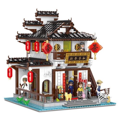 Toàn cảnh mô hình bộ lắp ghép Tiệm Trà Hòa Xuân XINGBAO XB-01034, một kiến trúc Giang Nam cổ kính với 2673 mảnh ghép, phù hợp cho bé 6+ tuổi.