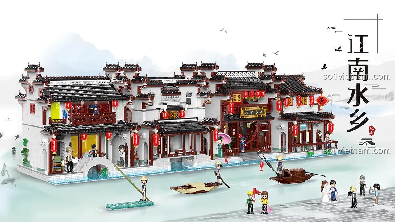 Kích thước hộp và mô hình bộ lắp ghép XINGBAO XB-01035 Giang Nam Lạc Phường, đồ chơi xây dựng kiến trúc truyền thống Trung Hoa, 3014 mảnh.