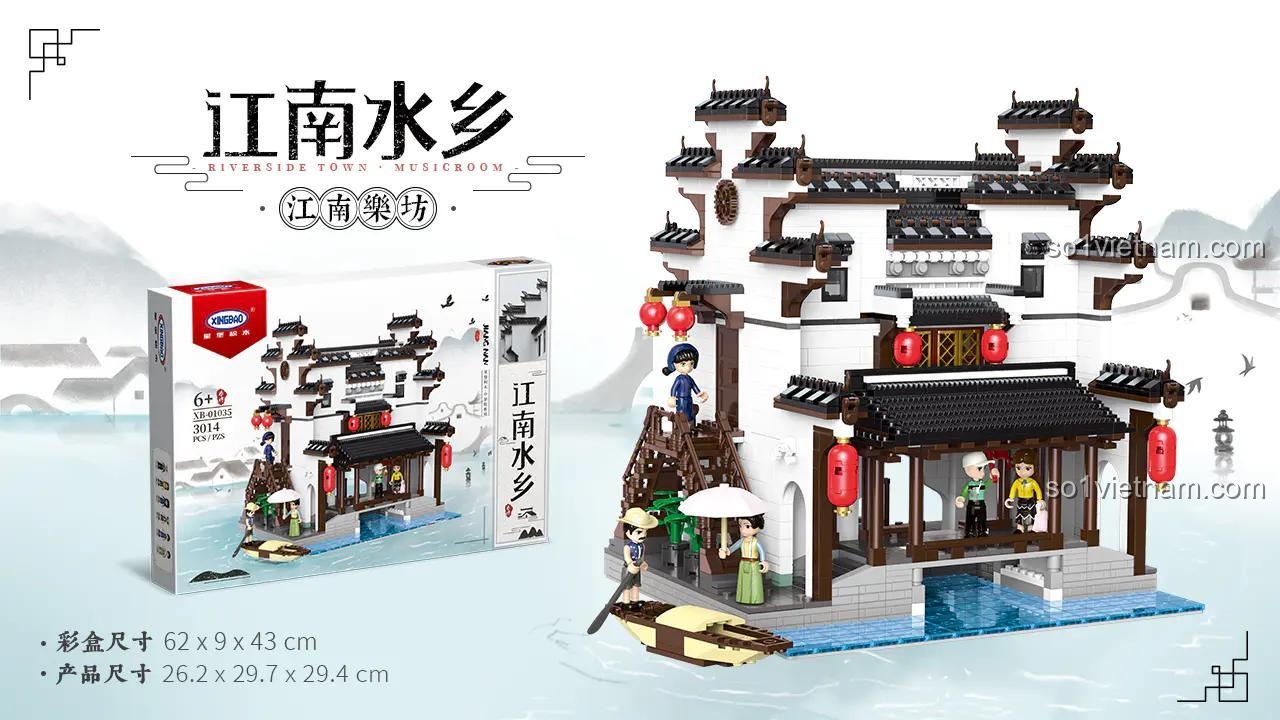 Chi tiết bộ lắp ghép XINGBAO XB-01035 Giang Nam Lạc Phường, mô hình nhà cổ ven sông, đồ chơi xếp hình kiến trúc tinh xảo, giá trị cao.