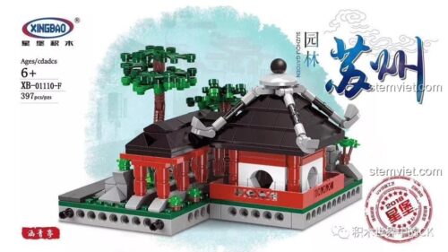 Hộp sản phẩm bộ xếp hình Đình Hàm Thanh Xingbao XB-01110-F giá rẻ. Đồ chơi mô hình Vườn Cổ Tô Châu với 397 chi tiết.