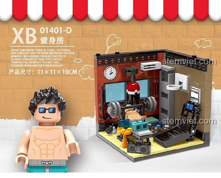 Mô hình phòng Gym chi tiết từ bộ đồ chơi xây dựng Trang Trí Nội Thất 1401D, thể hiện kích thước 11x11x10cm, lý tưởng cho con trai và con gái 12 tuổi.