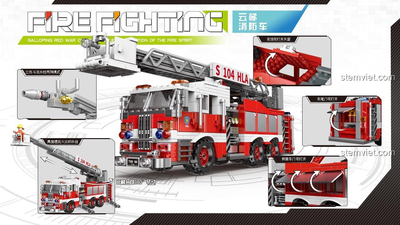 Đồ chơi mô hình Xe cứu hỏa thang Xingbao XB-03031 với các tính năng cầu thang xoay, cửa mở, vòi phun nước mô phỏng
