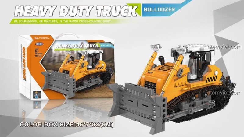 Kích thước hộp và mô hình của bộ đồ chơi XINGBAO XB-03039 Xe Ủi Đất Hạng Nặng, đồ chơi công trình cho bé trai.
