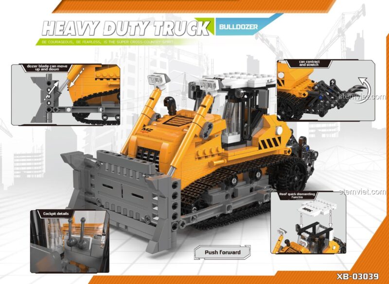 Tính năng nổi bật của bộ lắp ráp Xe Ủi Đất Hạng Nặng XINGBAO XB-03039: lưỡi ủi nâng hạ, cần cào co duỗi, cabin chi tiết, bánh xích di chuyển.