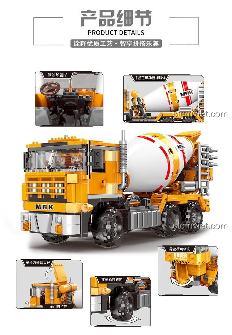 Chi tiết sản phẩm XINGBAO XB-03040 Xe Trộn Bê Tông, thể hiện thùng trộn xoay, cửa mở, bánh xe đánh lái, đồ chơi lắp ráp chất lượng cao