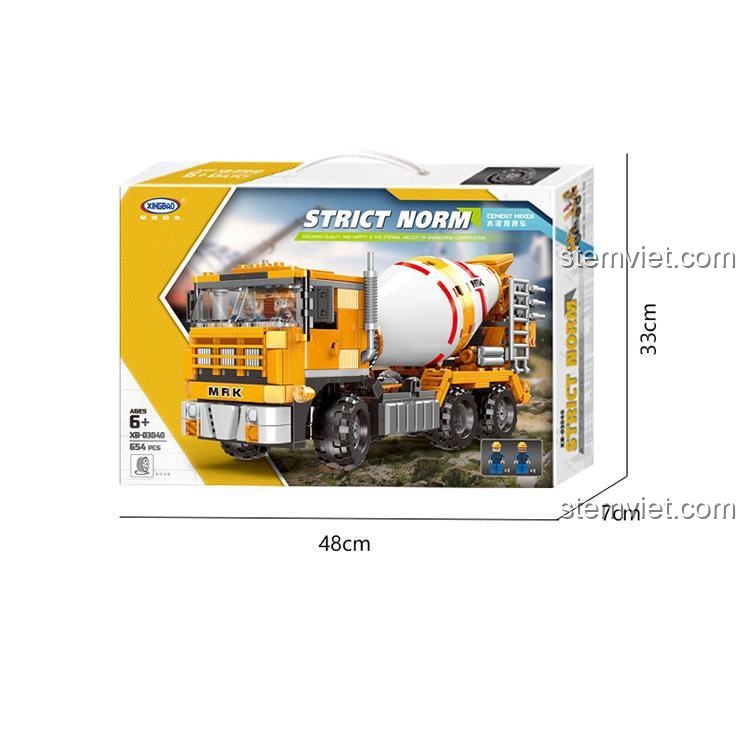 Hộp sản phẩm XINGBAO XB-03040 Xe Trộn Bê Tông, kích thước hộp 48x7x33cm, đồ chơi lắp ráp 654 mảnh cho bé trai 6 tuổi