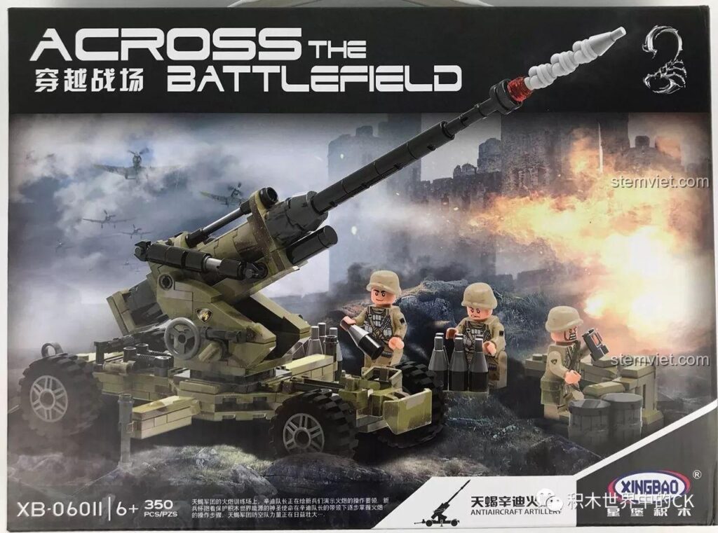 Hộp đồ chơi lắp ráp XINGBAO XB-06011 Pháo Phòng Không Thiên Hạt Cindy với hình ảnh pháo và lính, mã sản phẩm 06011.