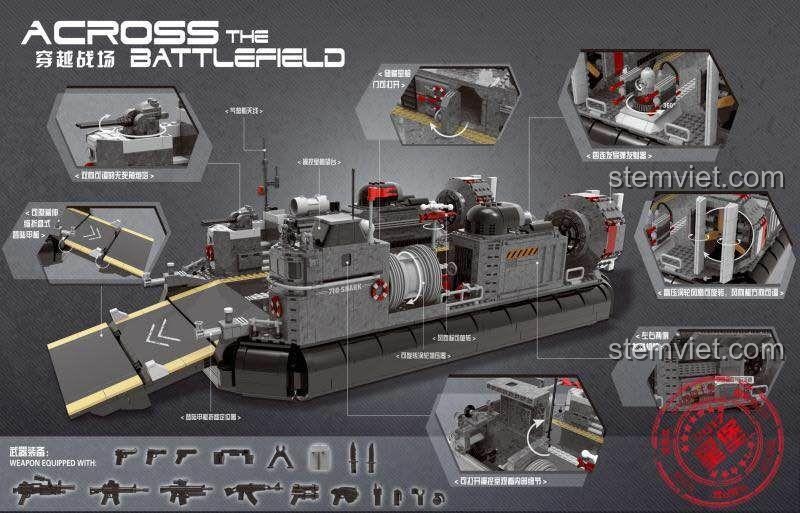 Chi tiết tính năng XINGBAO XB-06019 Tàu Đổ Bộ Đệm Khí Bọc Thép Xuyên Chiến Trường, hệ thống đổ bộ mở rộng, buồng lái chi tiết, đồ chơi mô hình quân sự