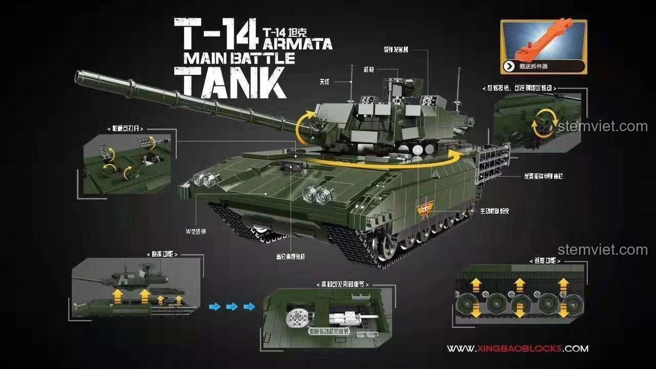 Đồ chơi mô hình XINGBAO XB-06031 Xe Tăng Chủ Lực T-14 Armata Nga với tháp pháo xoay, nòng pháo nâng hạ, bánh xích di chuyển, rèn luyện tư duy logic cho bé trai.