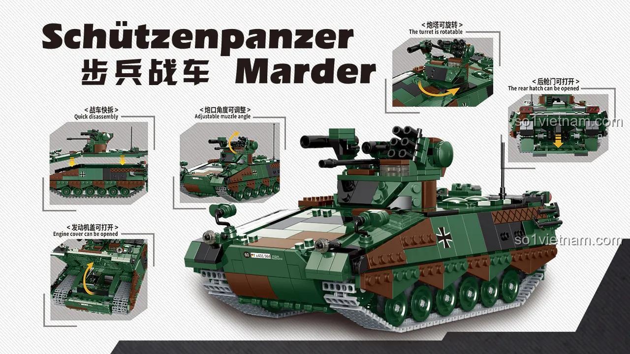 Mô tả tính năng đồ chơi mô hình Xe Tăng Marder Xingbao XB 06051, tháp pháo xoay, nắp động cơ mở, 1045 chi tiết, đồ chơi trí tuệ cho bé trai