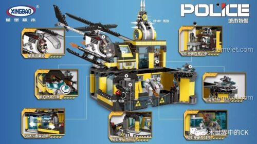 Các tính năng của bộ đồ chơi xếp hình Trụ sở đặc nhiệm thành phố XINGBAO 10006, bao gồm trực thăng, tháp pháo xoay.