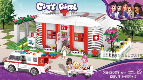 Hộp bộ đồ chơi XINGBAO XB-12009 Phòng Khám Y Tế Trường Học CityGirl với xe cứu thương, phù hợp bé gái 6 tuổi, đồ chơi lắp ráp sáng tạo.